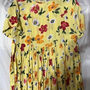 Vintage Yellow Floral Pleated Casual Dress for Women